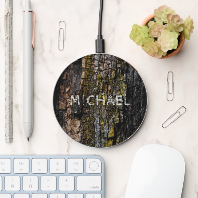 Cool Brown mossy wood bark yellow lichen Monogram Wireless Charger (Desk)