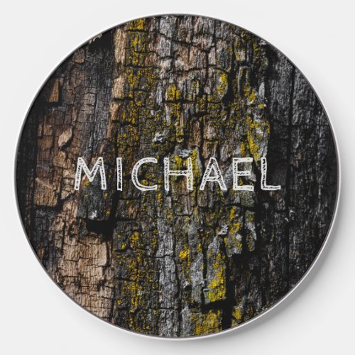 Cool Brown mossy wood bark yellow lichen Monogram Wireless Charger