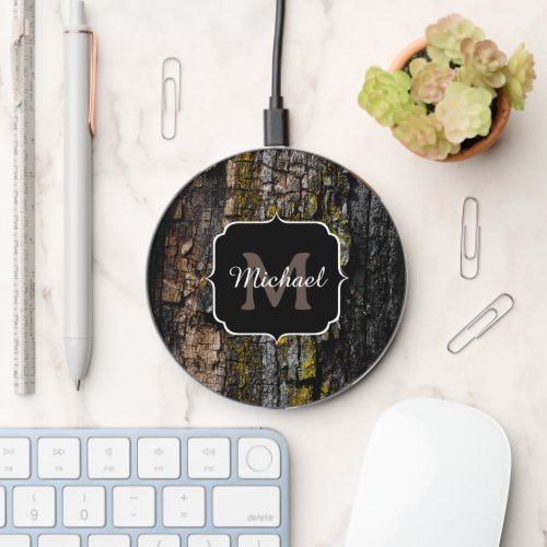 Cool Brown mossy wood bark yellow lichen Monogram  Wireless Charger