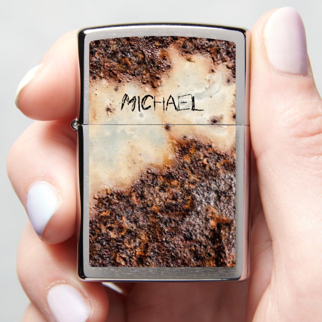 Cool brown rusty metal texture Custom name Zippo Lighter (In Hand)