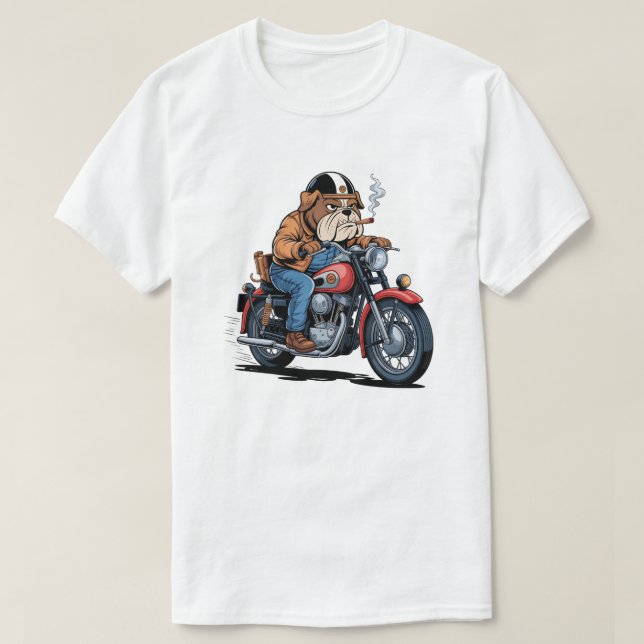 Cool Bulldog Biker on Classic Motorcycle T-Shirt (Design Front)