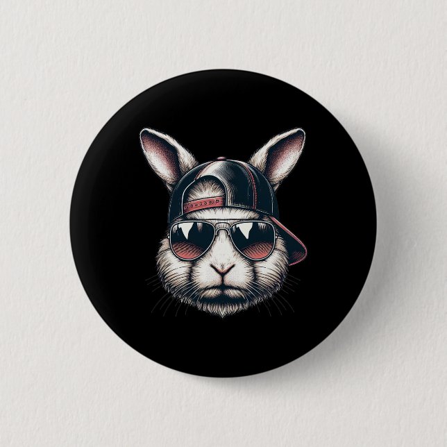 Cool Bunny Face With Sungles Happy Easter Boys Men Button (Front)