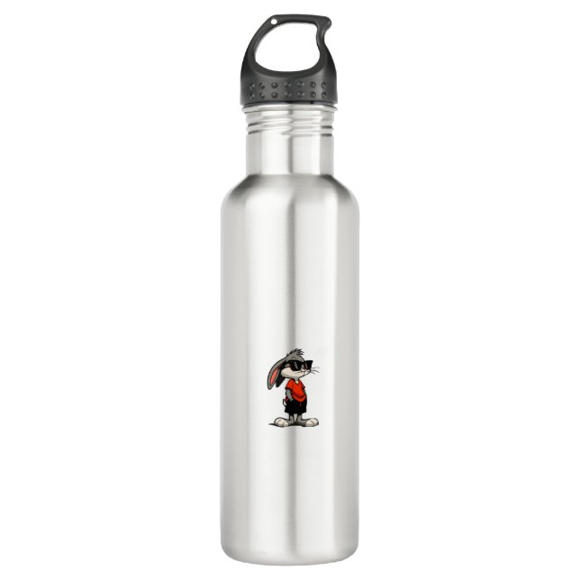 Cool Bunny in Shades Cartoon Illustration Stainless Steel Water Bottle (Front)