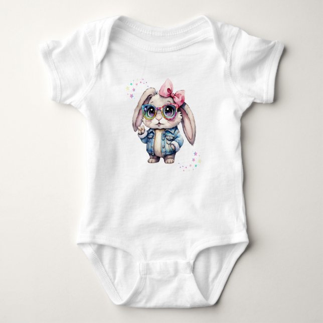 Cool Bunny with Glasses & Bow Pastel Baby Bodysuit (Front)