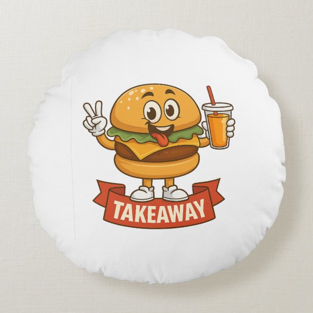 Cool Burger Buddy with Juice – Fun Cartoon Charact Round Pillow (Front)