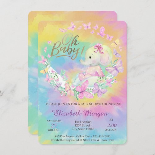 Cool Butterflies Elephant Tie Dye Baby Shower   Invitation