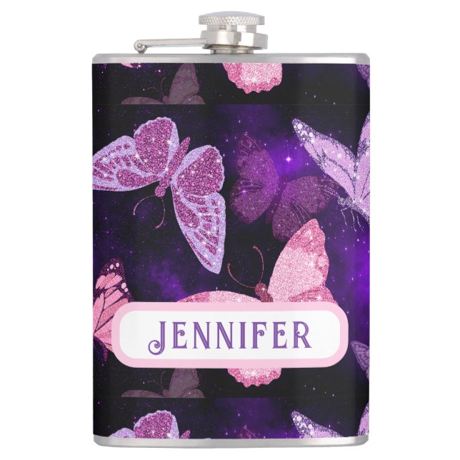 Cool Butterfly Black And Purple  Flask (Front)