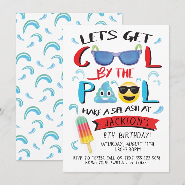 Cool by the Pool Emoji Boy Birthday Party Invitation (Front/Back)