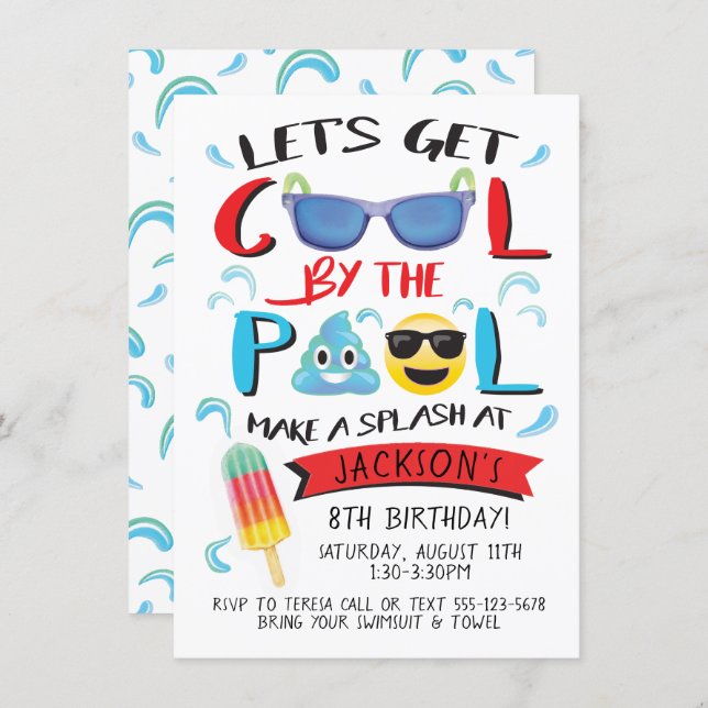 Cool by the Pool Emoji Boy Birthday Party Invitation (Front/Back)