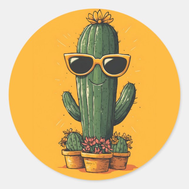 Cool Cactus with Sunglasses and Flowers Classic Round Sticker (Front)