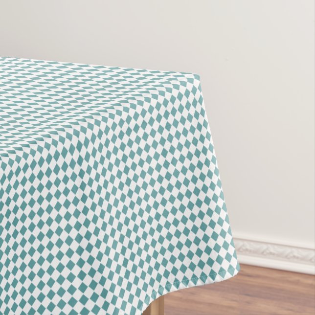 Cool Cadet Blue White Checkered Pattern Retro Chic Tablecloth (In Situ)