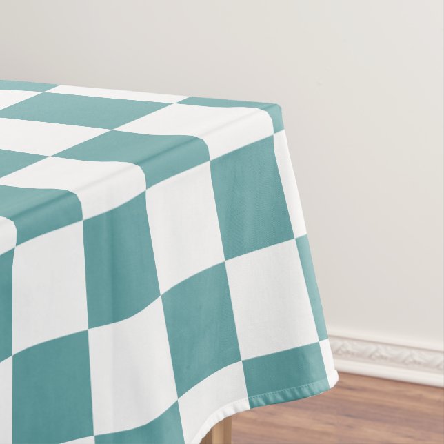 Cool Cadet Blue White Retro Chic Checkered Pattern Tablecloth (In Situ)