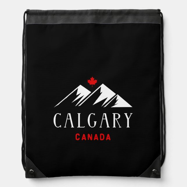 Cool Calgary Canada Mountains Maple Leaf Dark Drawstring Bag (Front)