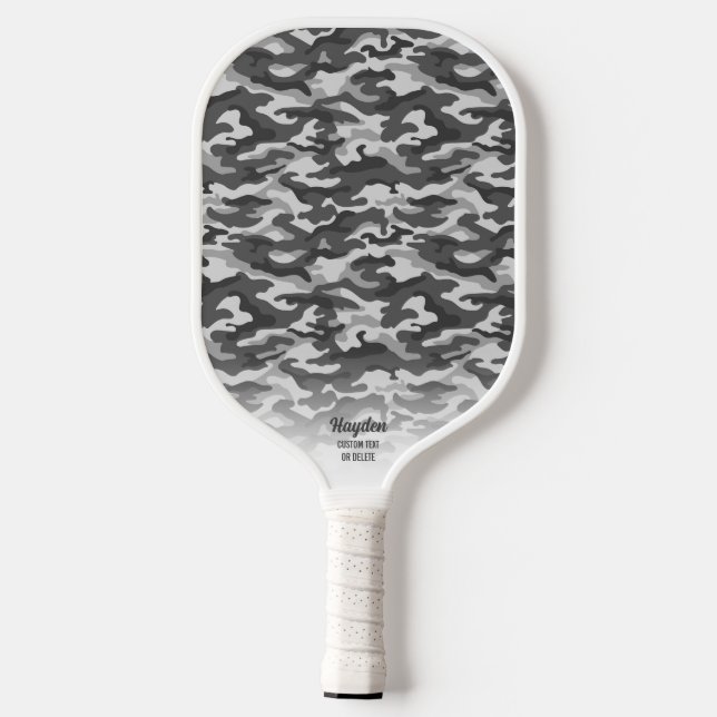 Cool Camouflage Gray Black Camo Print Custom Text Pickleball Paddle (Back)