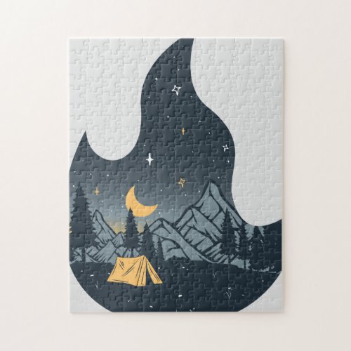 Cool Camping Camper Campfire Under Stars Mountains Jigsaw Puzzle