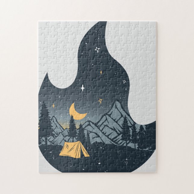 Cool Camping Camper Campfire Under Stars Mountains Jigsaw Puzzle (Vertical)