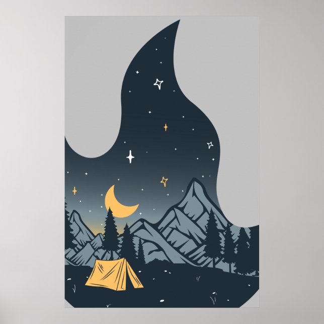 Cool Camping Camper Campfire Under Stars Mountains Poster (Front)