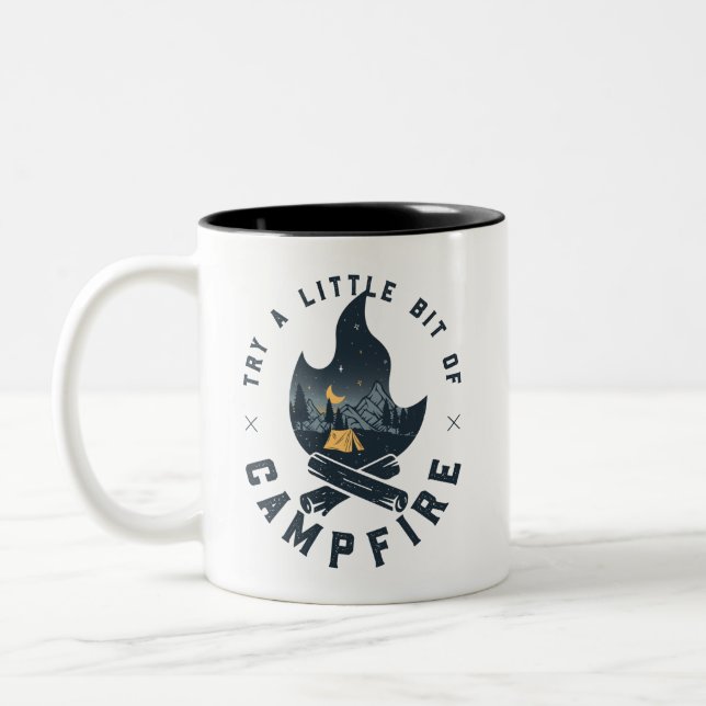 Cool Camping Camper Campfire Under Stars Mountains Two-Tone Coffee Mug (Left)