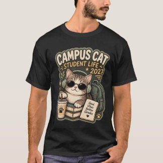 Cool Campus Cat Student Life 2027 Retro Aesthetic T-Shirt