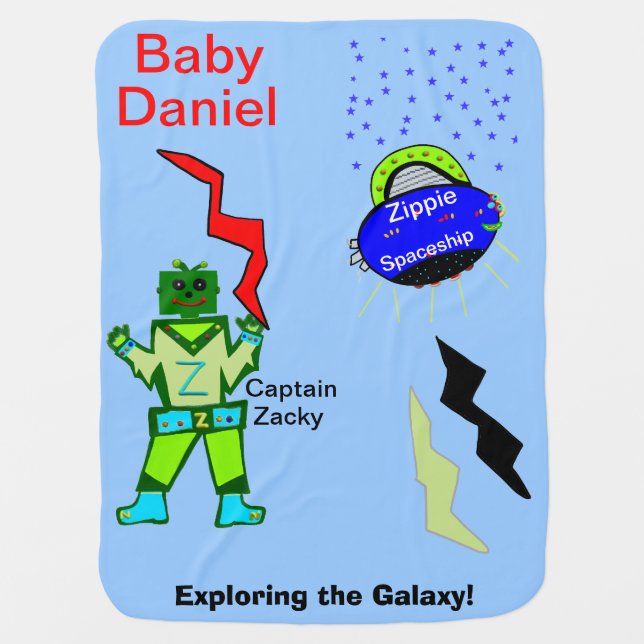Cool Captain Zacky Robot Blue Smiling Spaceship Stroller Blanket (Front)