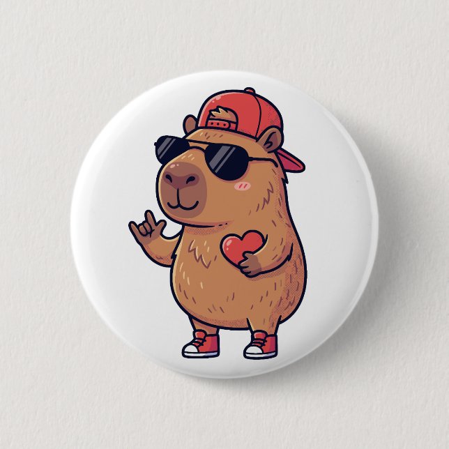 Cool Capybara ASL I Love You Sign Valentine Button (Front)