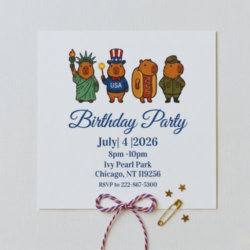Cool Capybara Patriotic Vintage 4th of July USA Invitation