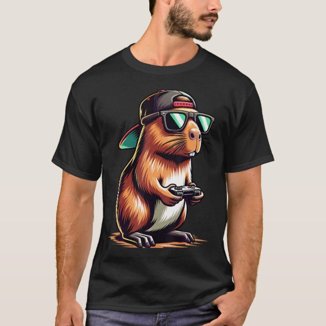 Cool Capybara Playing Video Games. Funny Gamer Cap T-Shirt (Front)