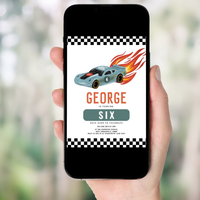 Cool Cars and Flames Boys 6th Birthday Invitation (Front Digital)