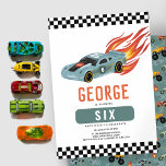 Cool Cars and Flames Boys 6th Birthday Invitation<br><div class="desc">Get ready to rev up the fun with this bold and modern boys' 6th birthday invitation! Featuring a racing car with fiery hot flames and a cool blue race car, wheel, and motorbike pattern on the back, this white-background design is perfect for little car enthusiasts. Easily personalize with your child's...</div>