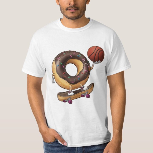 Cool Cartoon Donut Skateboarding with a Basketball T-Shirt (Front)