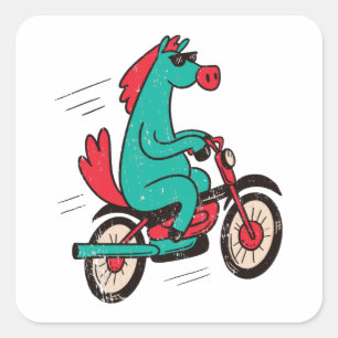 Cool Cartoon Horse Bicycle Square Sticker