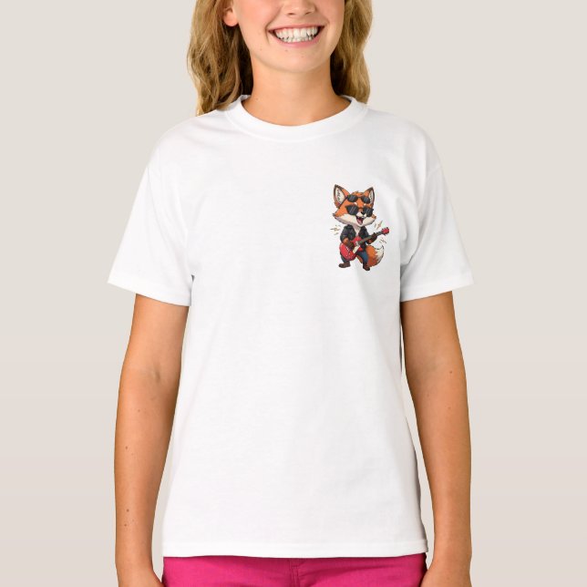 Cool Cartoon Rock Star Fox Playing Red Electric Gu T-Shirt (Front)