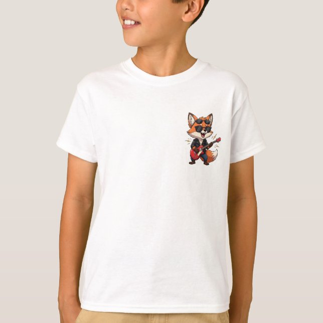 Cool Cartoon Rock Star Fox Playing Red Electric Gu T-Shirt (Front)
