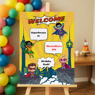 Cool Cartoon Superhero Birthday Party Welcome Sign