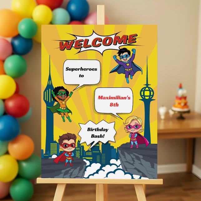 Cool Cartoon Superhero Birthday Party Welcome Sign (Creator Uploaded)