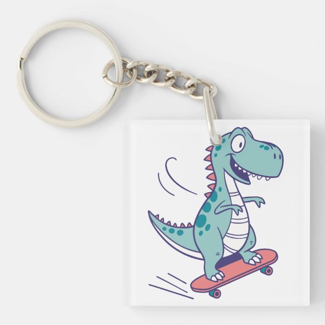 Cool Cartoon T-Rex on Skateboard Keychain (Front)