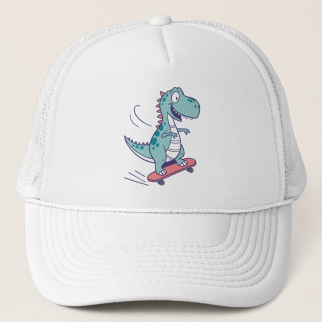 Cool Cartoon T-Rex on Skateboard Trucker Hat (Front)