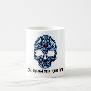 Cool cartoon tattoo symbol blue metal gothic skull coffee mug