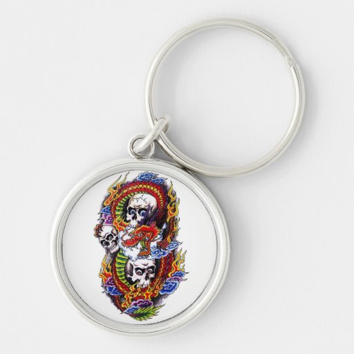 Cool cartoon tattoo symbol chinese dragon skulls keychain | Zazzle