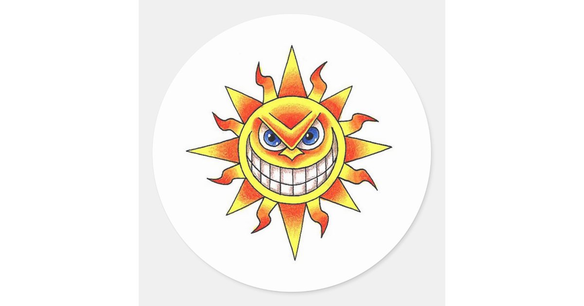 Cool cartoon tattoo symbol evil smiling SUN face Classic Round Sticker |  Zazzle