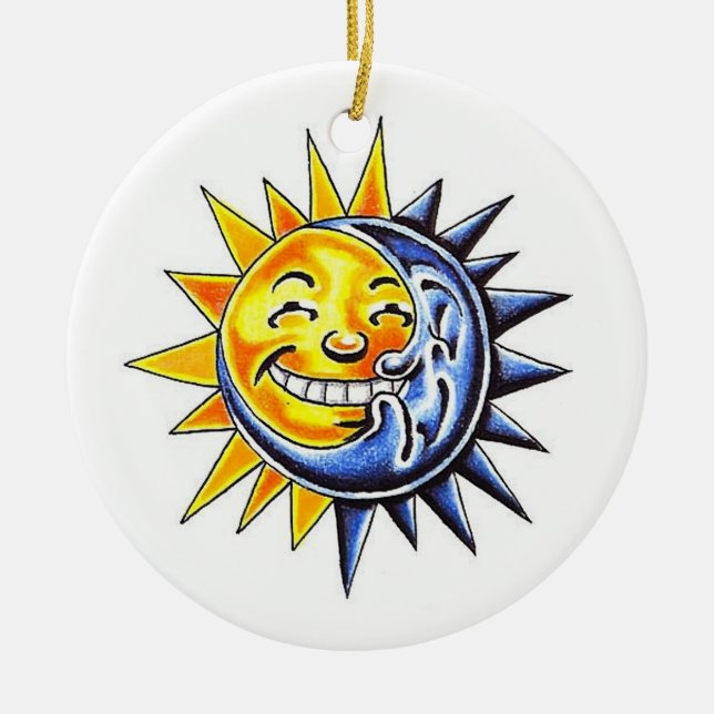 Cool cartoon tattoo symbol happy sun moon face ceramic ornament (Front)
