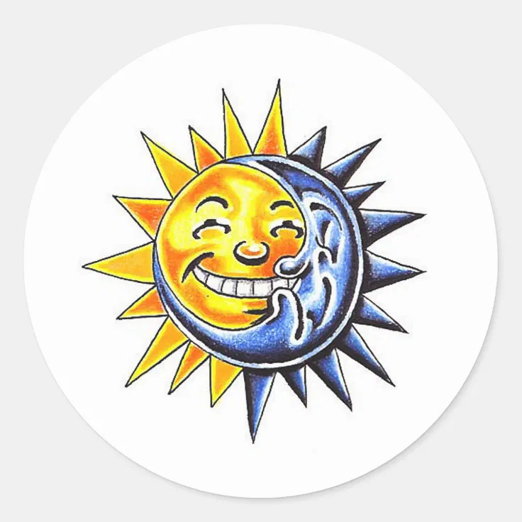Cool cartoon tattoo symbol happy sun moon face classic round sticker |  Zazzle