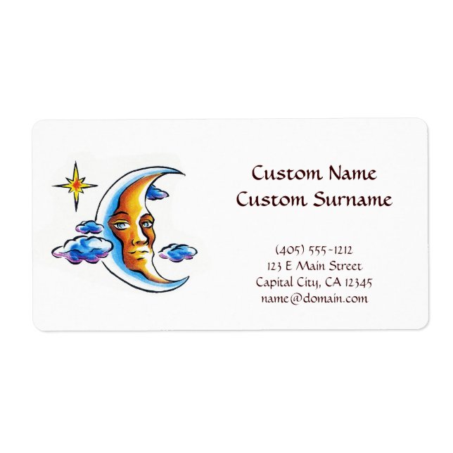 Cool cartoon tattoo symbol Moon face star clouds Label (Front)