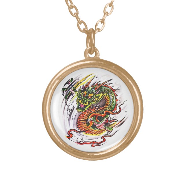 Cool cartoon tattoo symbol oriental Dragon Gold Plated Necklace (Front)