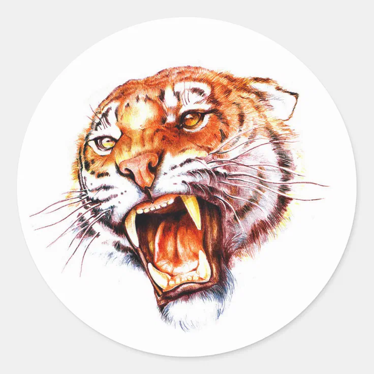 Cool cartoon tattoo symbol roaring tiger head classic round sticker | Zazzle
