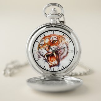 Cool cartoon tattoo symbol roaring tiger head ink pocket watch
