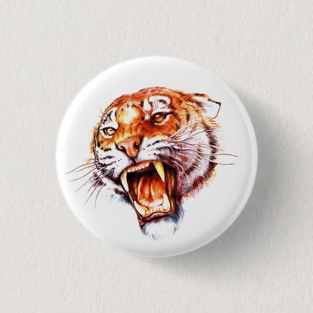 Cool cartoon tattoo symbol roaring tiger head pinback button (Front)