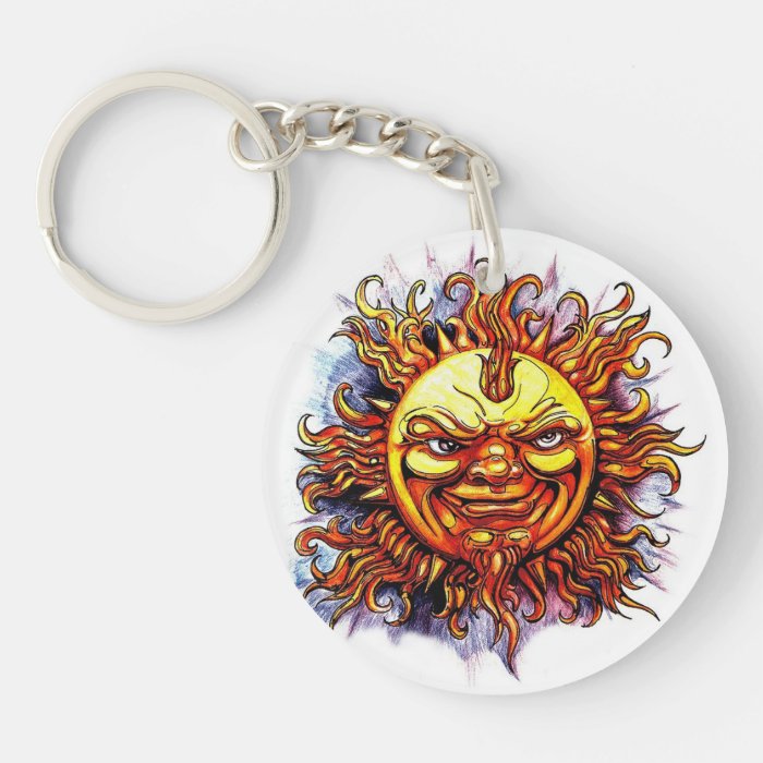 Cool cartoon tattoo symbol Sun God Face Round Acrylic Key Chains