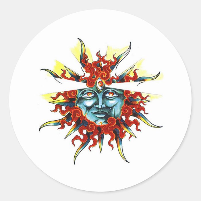 Cool cartoon tattoo symbol Sun god face Round Stickers