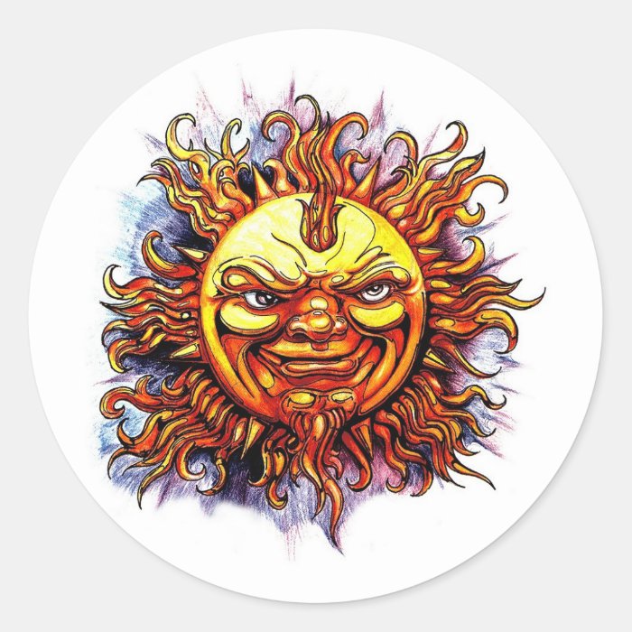 Cool cartoon tattoo symbol Sun God Face Round Stickers